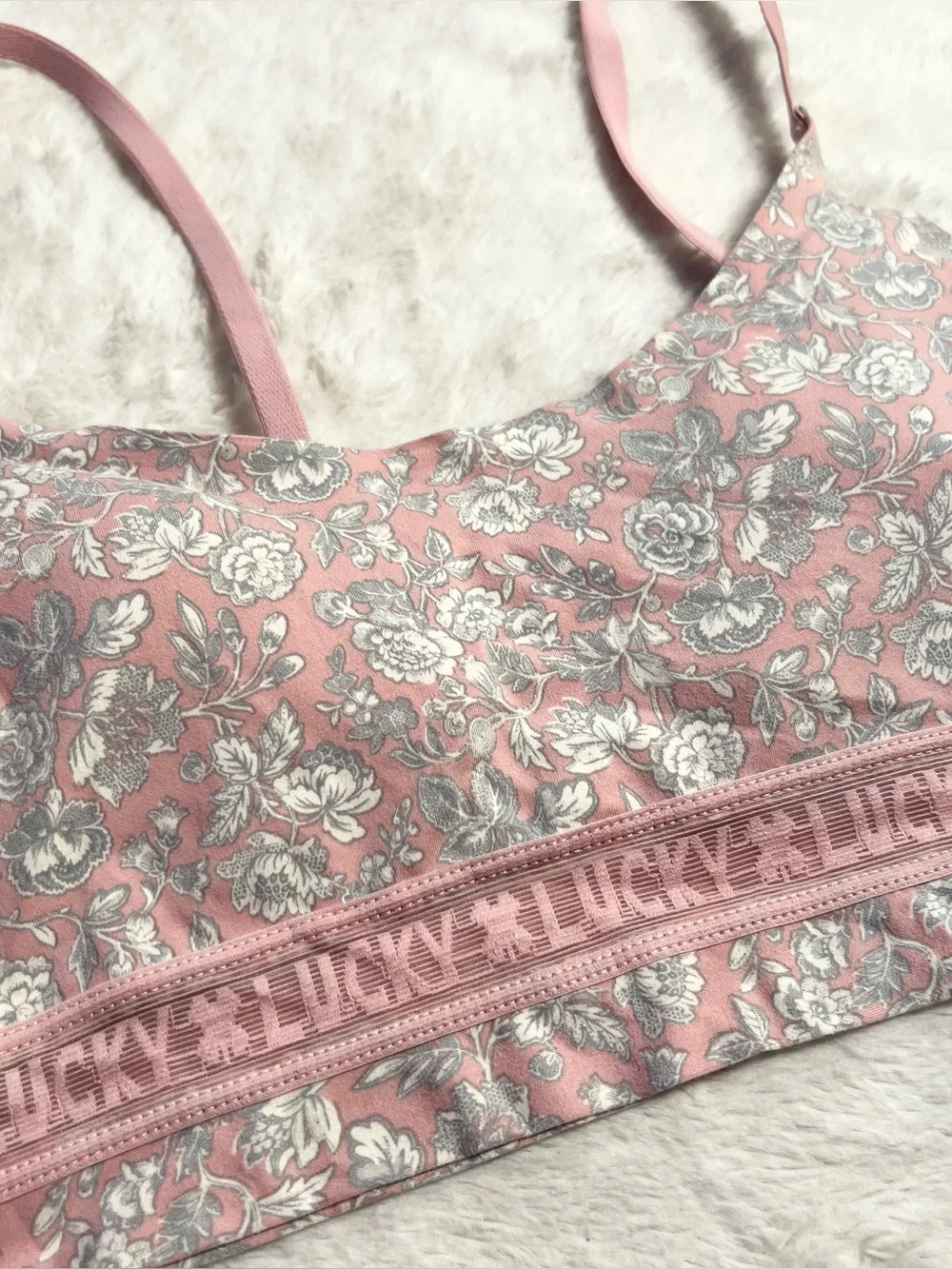 Lucky Brand Pink & Gray Floral Logo Band Bralette Size Medium Wireless Comfort